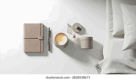 Overhead shot of a minimalist evening wind-down kit. Includes a leather journal, lit candle, and skincare essentials on white linens. Neutral palette emphasizes tranquility, self-care, and wellness.