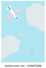 overhead shot of people bathing in the sea, and a plane passing