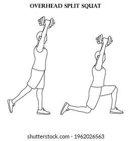 Overhead split squat exercise strength workout vector illustration outline on the white background. Vector illustration