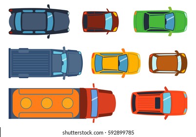 Overhead Top View On Colorful Car Toys Different Pickup Automobile Transport And Collection Wheel Transportation Design Vector Illustration.