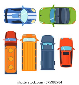 Overhead top view on colorful car toys different pickup automobile transport and collection wheel transportation design vector illustration.