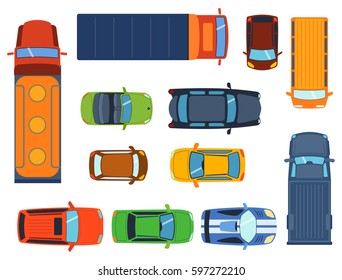 Overhead Top View On Colorful Car Toys Different Pickup Automobile Transport And Collection Wheel Transportation Design Vector Illustration.