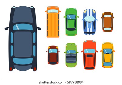 Overhead top view on colorful car toys different pickup automobile transport and collection wheel transportation design vector illustration.
