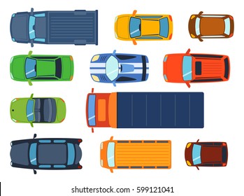 Overhead Top View On Colorful Car Toys Different Pickup Automobile Transport And Collection Wheel Transportation Design Vector Illustration.