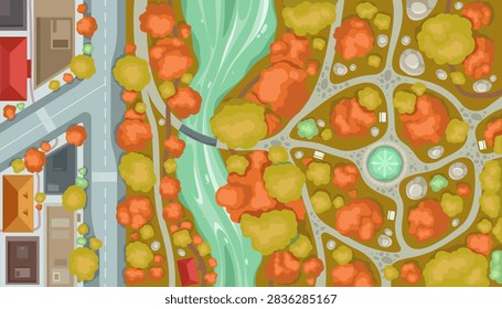 Overhead view of autumn town surroundings with leafy park with winding roadway and river corridor, central fountain and varied architecture. Vector seasonal urban scenery for city planning