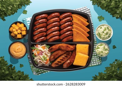 Overhead View of a Barbecue Platter with Grilled Meat, Ribs, Sausages, and Chicken Wings on Rustic Table