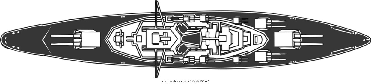 Overhead view of a battleship, showcasing its gun turrets, superstructure, and overall design, highlighting naval architecture and weaponry.