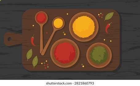 Overhead view of bowls containing assorted spices and herbs with wooden spoons on a dark rustic wooden background.
