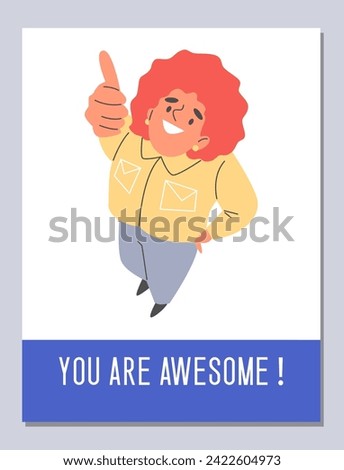 Overhead view of cartoon character thumb up in motivational vector poster with text 'You are awesome '. Vector illustration expressing positivity and encouragement. People top view.