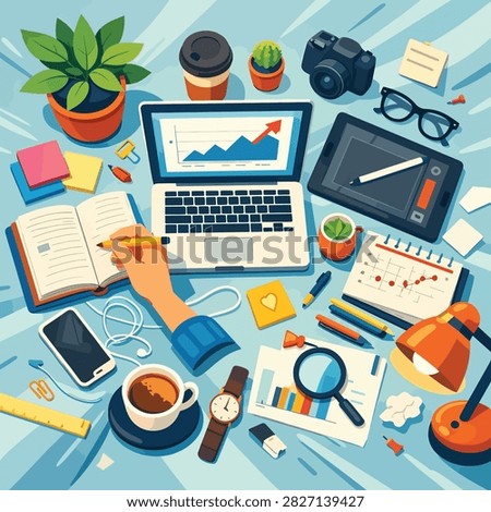Overhead view of a cluttered desk with gadgets stationery and digital devices