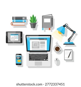 An overhead view of a contemporary work setup featuring essential office items like a laptop, tablet, smartphone, books, a plant, and a cup of coffee, all arranged neatly.