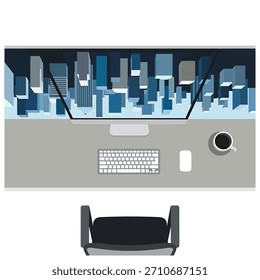 Vista aérea del escritorio con la pantalla de la computadora que muestra el horizonte de la ciudad y la taza de café