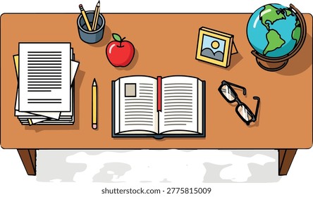 Overhead view of a desk featuring an open book, stack of papers, apple, globe, picture frame, pencil cup, pencil, and glasses, creating a study or learning environment.