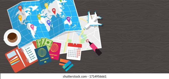 Overhead view diary for travel planning. World tour poster. Passport for customs clearance, airplane tickets, route planning. Flat cartoon illustration. Objects isolated on white background.