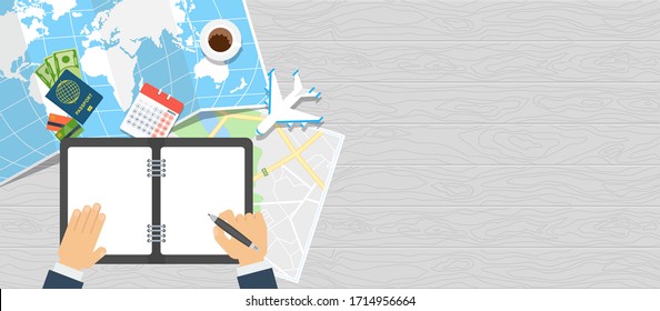 Overhead view diary for travel planning. World tour poster. Passport for customs clearance, airplane tickets, route planning. Flat cartoon illustration. Objects isolated on white background.