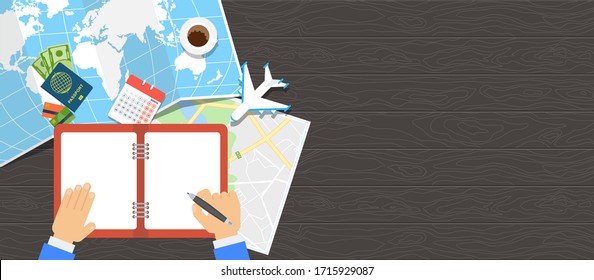 Overhead view diary for travel planning. World tour poster. Passport for customs clearance, airplane tickets, route planning. Flat cartoon illustration. Objects isolated on white background.