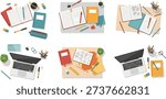 Overhead view of educational and creative workspace. Supplies for learning and drawing.
