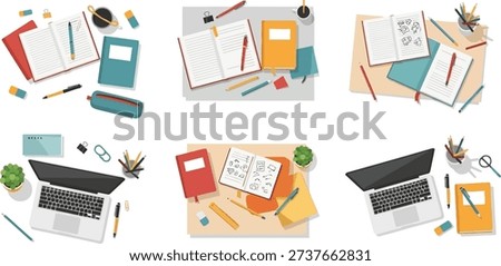 Overhead view of educational and creative workspace. Supplies for learning and drawing.