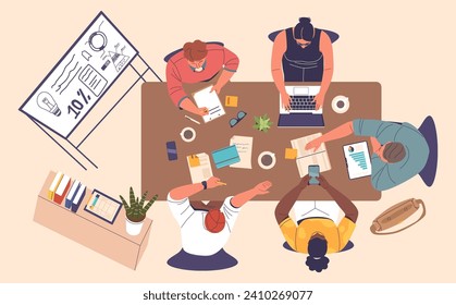 Overhead View Of Executives Engaged In A Dynamic Business Discussion, With Papers, Devices, And A Conference Table