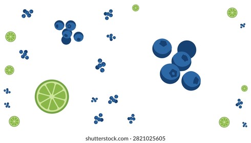 Overhead view of fresh blueberries and green lime slices scattered across a white surface creating a clean minimalistic food pattern