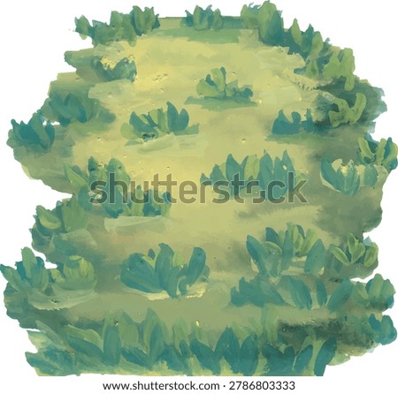 Overhead view of a green grassy field with bushes