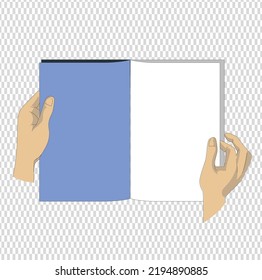 Overhead View Of Hands Holding A Blank Book Ready With Copy Space Ready For Text, Isolated On PNG. Directly Above View Of Person Turning Page Of Blank White Page Hardcover Book