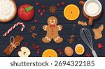 Overhead view of holiday baking ingredients laid out on a dark wooden surface.
