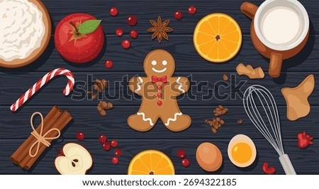 Overhead view of holiday baking ingredients laid out on a dark wooden surface.