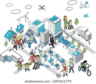 Overhead view illustration of people and town