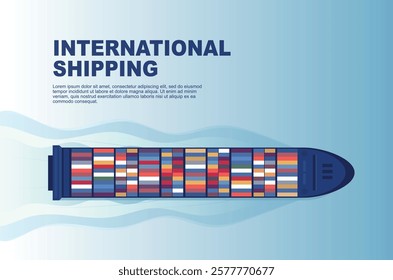 An overhead view of an industrial marine vessel on a maritime banner. Logistics of maritime transportation. Maritime transportation. Maritime shipping. Merchant fleet. Cargo ship. vector illustration