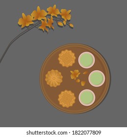 Overhead view mid autumn mooncake and tea set on black texture table top background