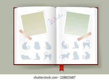 Overhead view on opened photo album with blank photo frames. Cats silhouettes and hand drawn text. Scrapbook template. Copy space. Vector is EPS10. Transparency effects and gradient meshes used.