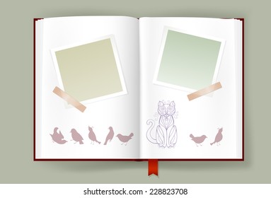 Overhead view on opened photo album with scraps of blank photo frames. Cute cat and birds silhouettes. Scrapbook template. Copy space. Vector is EPS10. Transparency effects and gradient meshes used.