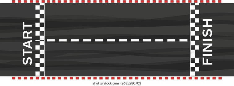 An overhead view of a race track featuring 'START' and 'FINISH' lines, a dashed center line, and red and white checkered borders.