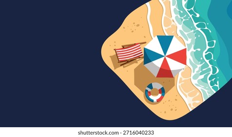 Overhead view of a sandy beach featuring a red and white striped lounge chair, colorful umbrella, and a blue lifebuoy.