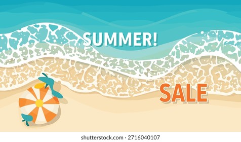 Overhead view of a sandy beach with turquoise ocean waves and a colorful umbrella featuring a bold Summer Sale text for seasonal promotion.