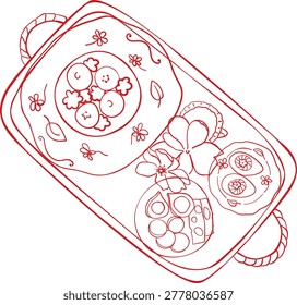 An overhead view of a serving tray filled with small bowls of snacks, appetizers, and decorative flowers. Perfect for catering or brunch themes.