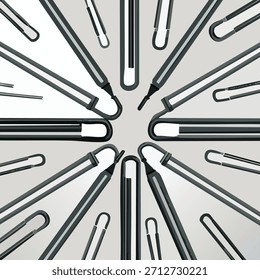 Overhead view of several black pens arranged in a circular pattern against a light gray background. The composition features sharp lines and a symmetrical design.