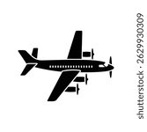 Overhead view showcasing the silhouette of a four-engine turboprop plane. The aviation aircraft is depicted in solid black against a plain white background.