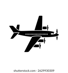 Overhead view showcasing the silhouette of a four-engine turboprop plane. The aviation aircraft is depicted in solid black against a plain white background.