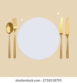 Una vista aérea muestra una configuración de tabla minimalista. Un plato blanco está rodeado de utensilios dorados. La composición presenta una disposición simétrica, con un fondo liso.