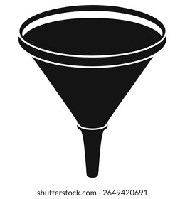 Uma vista de cima mostra um funil preto e elegante. Sua forma de cone se afina para uma tomada estreita, balanceada por uma borda larga. Este objeto é isolado contra um fundo transparente.