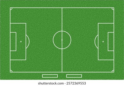 An overhead view of a standard soccer (football) field layout with a green textured surface and clearly marked white lines for boundaries, goals, and key zones.