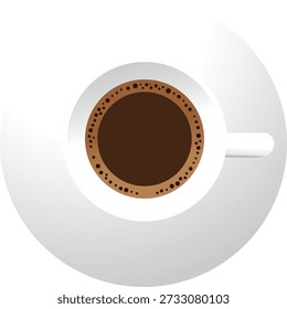 Overhead view of a steaming cup of dark coffee with a frothy rim on a white saucer