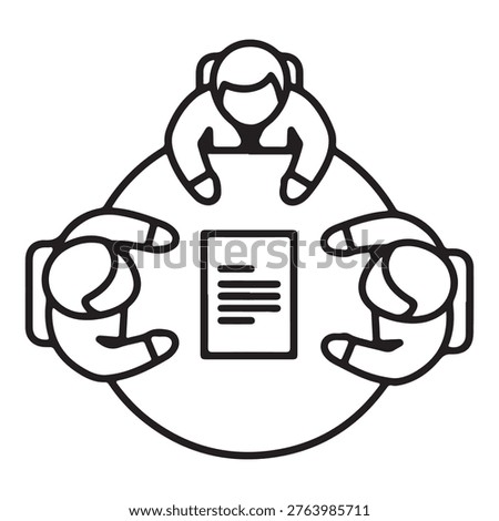 Overhead view of three business people collaborating around a round table with important document in line art vector icon illustration style