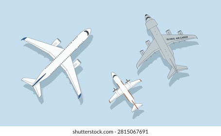 Overhead view of three different airplanes flying in the sky including a large passenger jet cargo plane and small propeller aircraft.