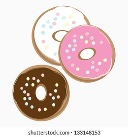 Overhead view of three different delicious doughnuts on a plate with chocolate, pink and white icing and sprinkles, illustration on a white background