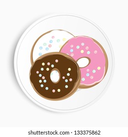Overhead view of three different delicious doughnuts on a plate with chocolate, pink and white icing and sprinkles, illustration on a white background
