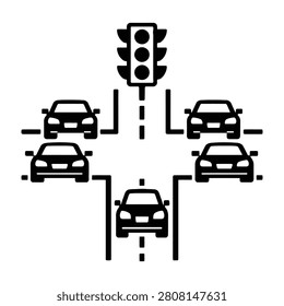An overhead view of a traffic intersection with a traffic signal and five cars