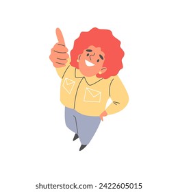 Overhead view of vector illustration depicting person with red hair giving thumbs up. Joyful character in yellow jacket symbolizing positivity and approval. Cartoon people top view.